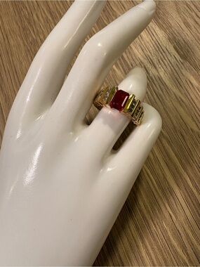 18K Gold Plated Ring with Red Emerald-Cut Center Stone - Size 6.75